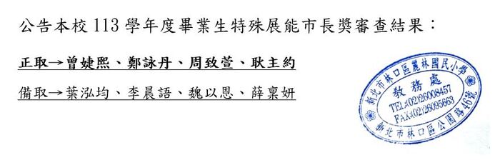 公告本校113學年度畢業生特殊展能市長獎審查結果(註冊組)圖片