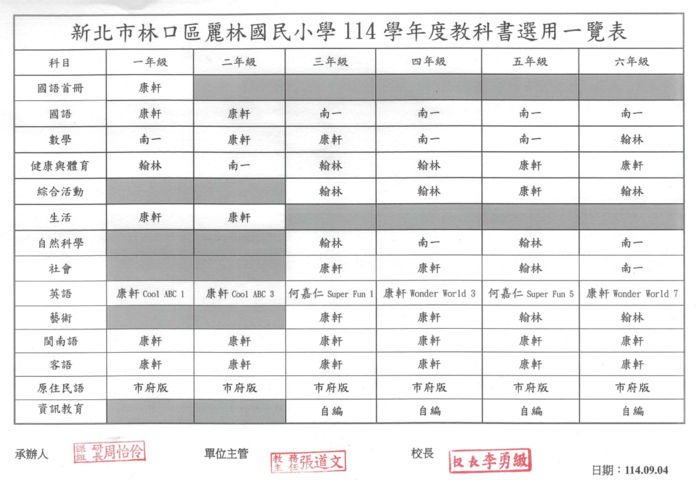 麗林國小114學年度教科書版本公告圖片